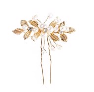 Hårnåle; 1 x hårnåle med blade og perler guld/hvid